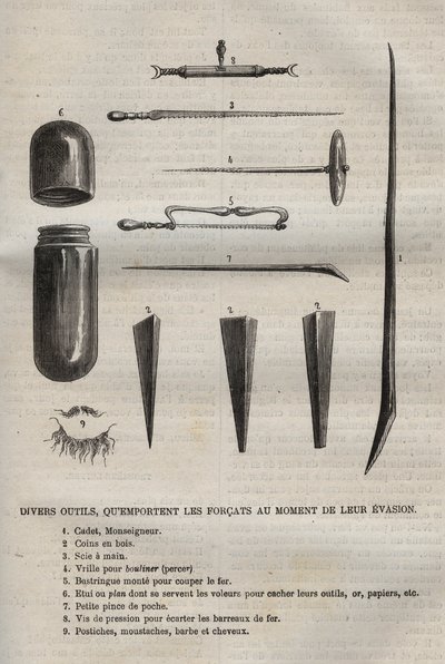 Verschillende gereedschappen die de veroordeelden meenemen wanneer ze ontsnappen. Gravure in 