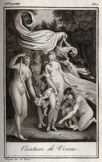 Venusgordel: Terwijl de strijd doorgaat in het voordeel van de Trojanen, gebruikt Juno de gordel van Venus om Jupiter te betoveren, en slaap om hem in slaap te brengen. Gravure uit 1819 in 