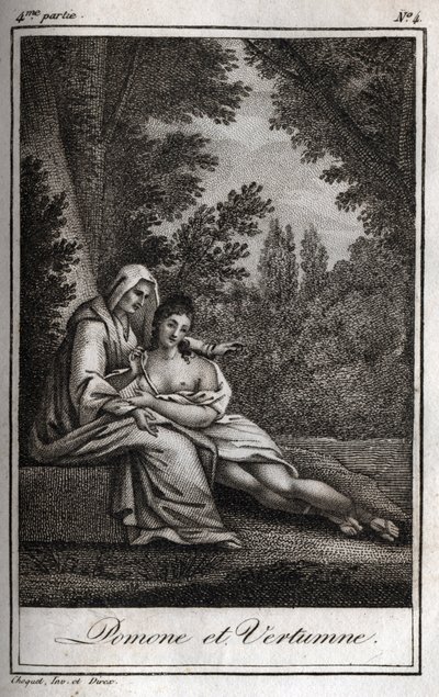 Vertumnus en Pomona (Jupiter en Ceres): Vertumnus, verliefd op de nimf Pomona, vermomt zich als een oude vrouw om haar te benaderen. Gravure uit 1819 in "Lettres à Emilie sur la mythologie" door Charles Albert Demoustier (1760-1801). Privécollectie. door Anonymous Anonymous