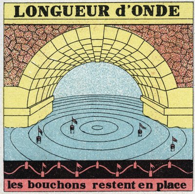 Trillingsbewegingen: golflengte. Een steen die in het water valt verlaagt en verhoogt vervolgens het waterniveau, pluggen in het water gaan op en neer maar blijven op hun plaats. Anonieme illustratie uit 1925. Privécollectie. door Anonymous Anonymous