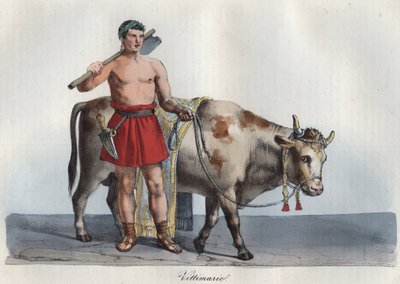 Victimaries - victimarius (handelaar in dieren bestemd voor offer) (Degene die het offer ving en de slachtoffers sloeg) gravure uit 