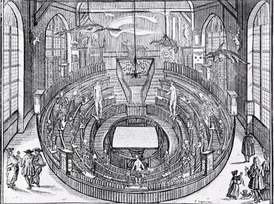 Zicht op een anatomisch theater waarschijnlijk aan de Universiteit van Leiden in het begin van de 17e eeuw door Anonymous Anonymous