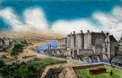 Zicht op de Bastille met zijn omringende muren onder koning Karel V de Wijze (1338-1380), gravure, privécollectie door Anonymous Anonymous