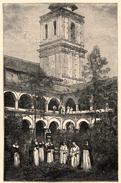 Uitzicht op het Dominicaanse klooster in Quito, Ecuador. Gravure in 