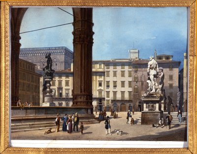 Zicht op de Loggia dei Lanzi (1576-1582) op Piazza della Signoria in Florence. Anoniem schilderij uit de 19e eeuw door Anonymous Anonymous