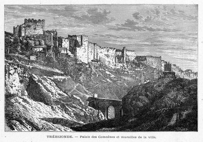 Uitzicht op het Palais des Comes en de muren van de stad Trebizonde (Turkije). Gravure in 