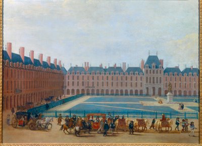 Uitzicht op de Place Royale rond 1660, passage van de koets van koning Lodewijk XIV De huidige Place des Vosges in Parijs. Anoniem schilderij uit de 17e eeuw. Dim. 0,81 x 1,13 m Parijs, Musee Carnavalet door Anonymous Anonymous