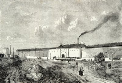 Zicht op het cellulaire arresthuis bekend als gevangenis Mazas Boulevard Diderot in Parijs in de 19e eeuw, Gravure, Privécollectie door Anonymous Anonymous