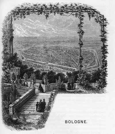 Zicht op de stad Bologna, Italië. Gravure uit 1859 in 