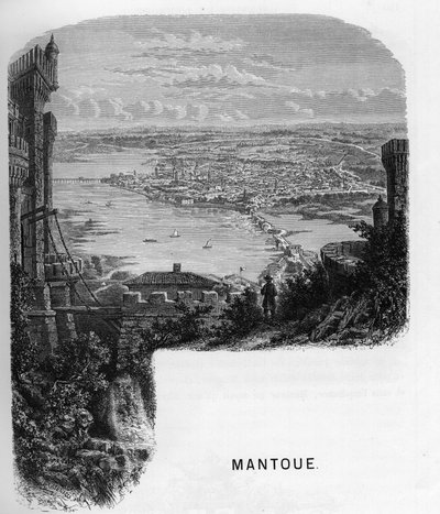 Uitzicht op de stad Mantua (Mantova), Italië. Gravure van 1859 in 