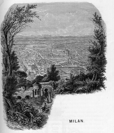 Uitzicht op de stad Milaan (Milano), Italië. Gravure van 1859 in 