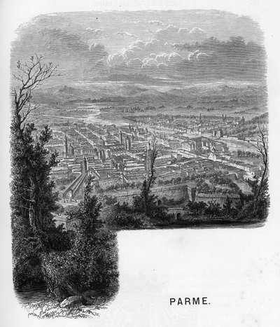 Uitzicht op de stad Parma (Parma), Italië. Gravure van 1859 in 