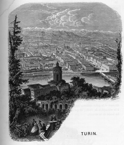 Uitzicht op de stad Turijn (Torino), Italië. Gravure uit 1859 in 