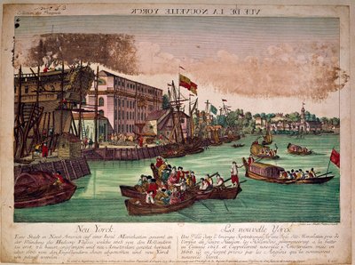 Zicht op de haven van de stad New York in de Verenigde Staten, links een scheepswerf. De monding van de Hudson River en Manhattan Island. Gravure uit de 18e eeuw. Privécollectie door Anonymous Anonymous