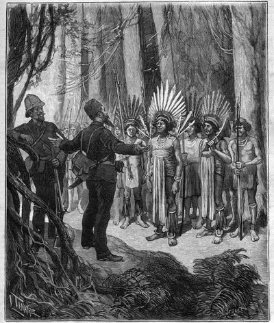 Reis van Henri Coudreau (1859-1899), professor in de geografie en ontdekkingsreiziger in het Indiaanse gebied van Guyana - hij ontving van Roucouyan chefs - gravure in 