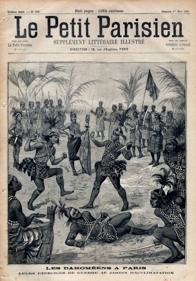 Oorlogsoefeningen: Amazones, krijgers en fetisjisten uit Dahomey (nu Benin) uit de tuin van acclimatisatie in Parijs (Menselijke Zoo). Gravure in 