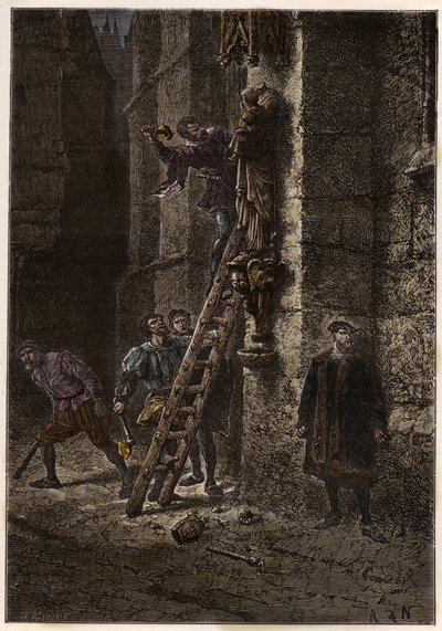 Godsdienstoorlogen - Beeldenstorm - Vernietiging van heilige voorwerpen door ketters (Protestanten) in de 16e eeuw in Frankrijk - Ketters Beeldenstormers in Frankrijk - Beeldenstorm - Protestanten Vernietigen Beelden van Maria en het Christuskind - gravure door Anonymous Anonymous