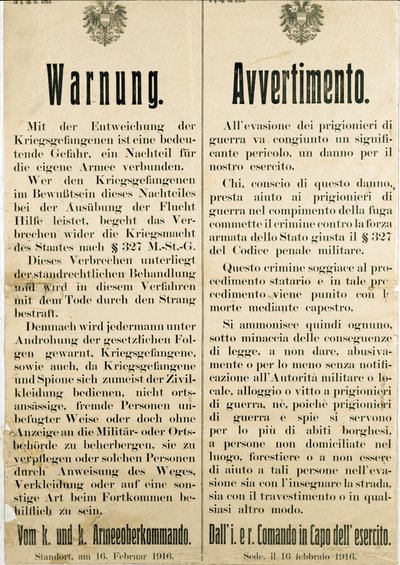 Waarschuwing na de ontsnapping van Italiaanse krijgsgevangenen op 16 februari 1916 waarin de Oostenrijkse bevolking wordt gevraagd hen niet te helpen door Anonymous Anonymous