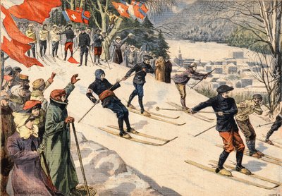 Wintersport: Skicompetitie in Chamonix in Haute Savoie in de Alpen, Frankrijk. Zwitserse en Franse vlaggen moedigen skiërs aan. Gravure uit de krant "Le Petite Parisien" door Anonymous Anonymous