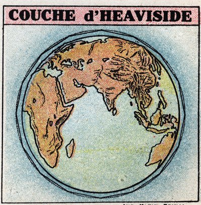 Draadloze telegrafie: Heaviside-laag, een laag van de atmosfeer van de aarde die elektronen bevat, in een min of meer vrije staat. Anonieme illustratie uit 1925. Privécollectie. door Anonymous Anonymous