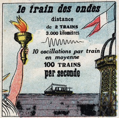 Draadloze telegrafie: de trein van de golven. Tussen Parijs en New York zijn er nooit meer dan twee golven. Anonieme illustratie uit 1925. Privécollectie. door Anonymous Anonymous