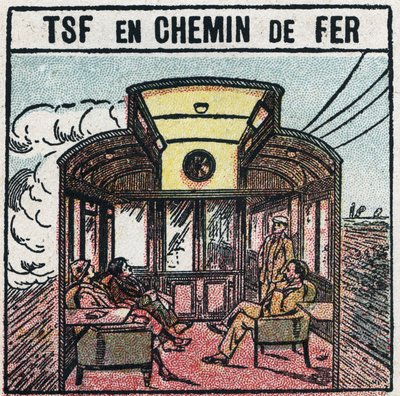 Draadloze telefonie: T.S.F. in een spoorwegrijtuig. Anonieme illustratie uit 1925. Privécollectie. door Anonymous Anonymous