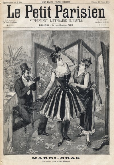 Vrouwen bereiden hun verkleedkleding voor achter een scherm en een man probeert zijn masker in de vorm van een olifantenslurf voor het Maskerbal van Mardi Gras. In 
