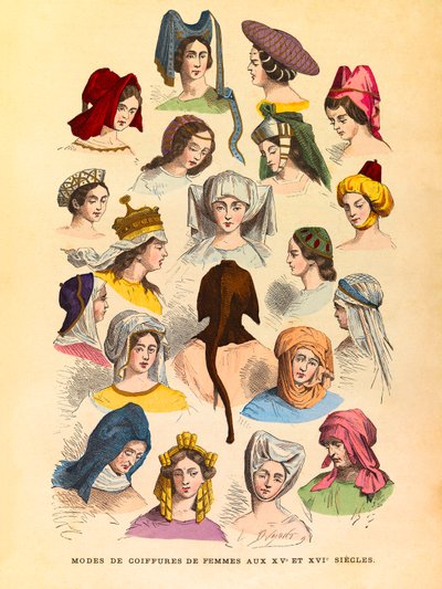 Vrouwelijke kapsels in de 15e en 16e eeuw, gravure - privécollectie door Anonymous Anonymous