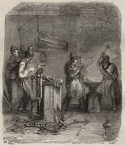 Arbeiderskrachten bij de Rochefort Bagne in de 19e eeuw. Gravure in 