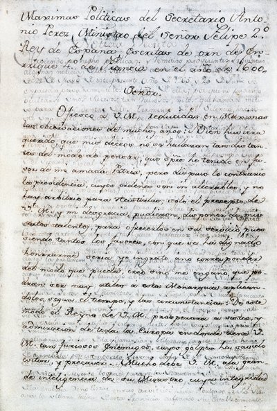 Geschreven politiek door Antonio Perez (1540-1611). Spaanse politiek secretaris van koning Filips II van Spanje. Ecuador, Quito. Politieke Bibliotheek van Ecuador van Aurelio Espinosa door Anonymous Anonymous
