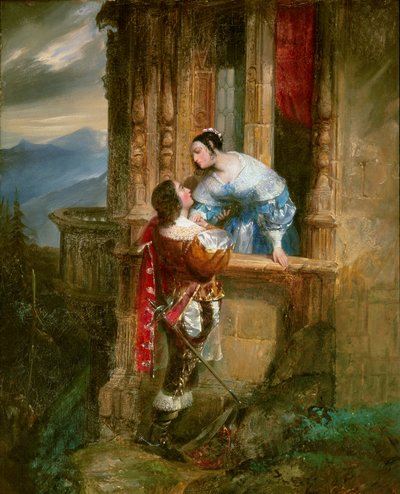 Jonge man die een dame het hof maakt op zijn balkon. Illustratie voor 