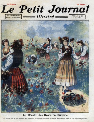 Jonge vrouwen in traditionele Bulgaarse klederdracht plukken rozen voor de productie van rozenwater. Illustratie uit 