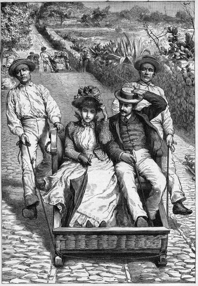 carros de cesto in Madeira 1893 - Les corinhos (carrieros) a Madere (Madeira) - mannen die een zitplaats op wieltjes (un corinho) begeleiden. gravure in 