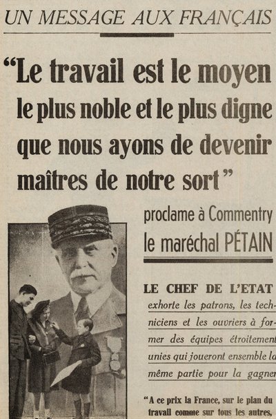 Boodschap aan de Fransen verkondigt een commentaar van Maarschalk Pétain: 