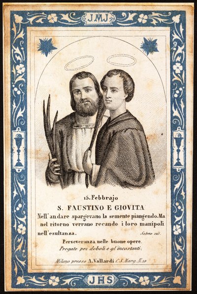 De martelaren Sint Faustinus en Sint Jovitus. Vrome afbeelding. Ansichtkaart. Begin 20e eeuw. Privécollectie door Anonymous Anonymous