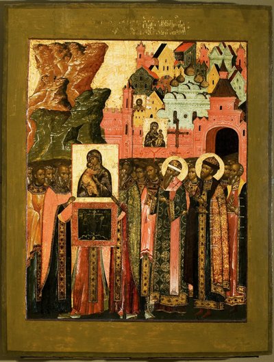 Aankomst van het Icoon van Onze Lieve Vrouw van Vladimir in Moskou in 1395, Midden van de 17e eeuw door Anonymous Russian icon painter