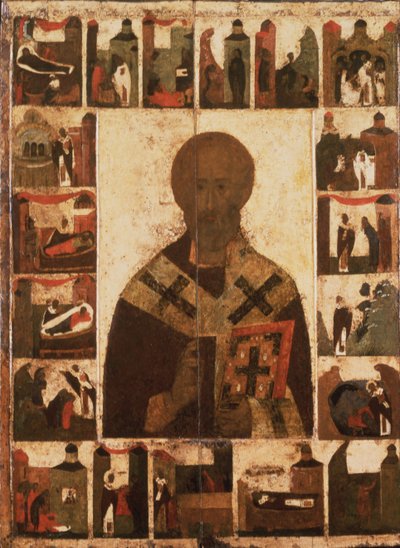 Sint Nicolaas met scènes uit zijn leven, 14e eeuw door Anonymous Russian icon painter