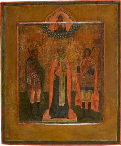 Heiligen Menas, Nikita van Novgorod en Johannes de Krijger, Eerste kwart van de 19e eeuw door Anonymous Russian icon painter