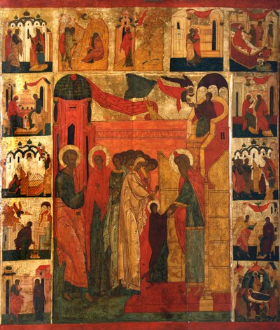 De Intocht van de Allerheiligste Theotokos in de Tempel, 16e eeuw door Anonymous Russian icon painter