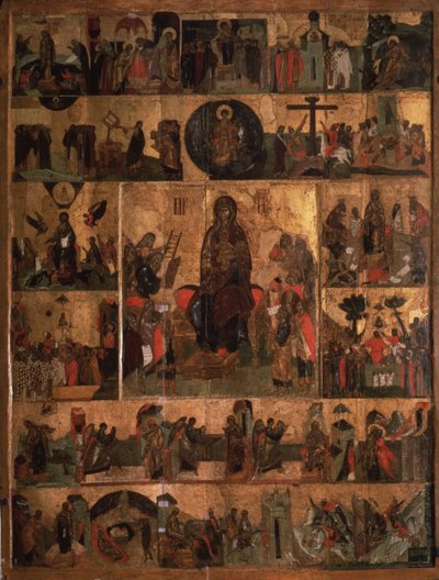 De Verheerlijking van de Maagd Akathist Hymne aan de Allerheiligste Theotokos, 14e eeuw door Anonymous Russian icon painter