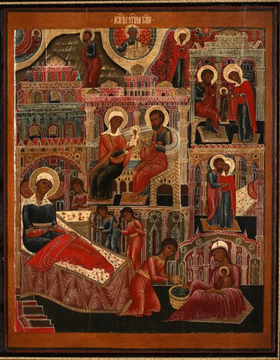 De Geboorte van de Maagd door Anonymous Russian icon painter