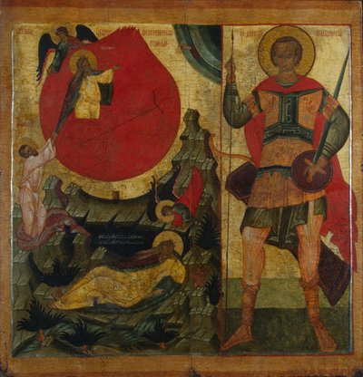 De profeet Elia en de vurige wagen. Sint Demetrius van Thessaloniki, midden 16e eeuw door Anonymous Russian icon painter