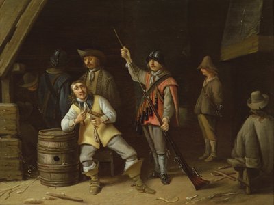 Een soldaat die een musket schoonmaakt door Anthonie Palamedesz