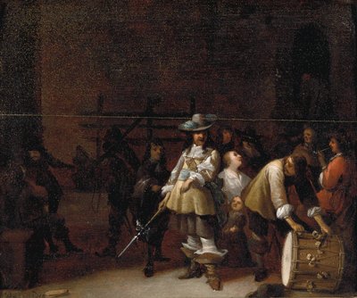 Een wachtkamerinterieur met een ridder die met een trommelaar praat door Anthonie Palamedesz