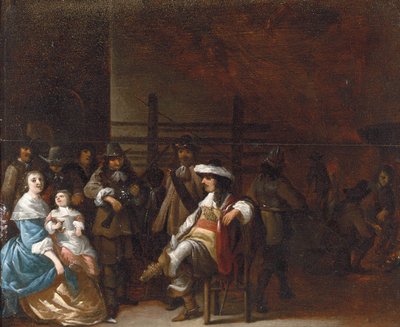 Een wachtkamerinterieur met een ridder die met een moeder en kind praat door Anthonie Palamedesz