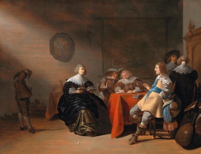 Een interieur met een gezelschap aan een tafel door Anthonie Palamedesz.