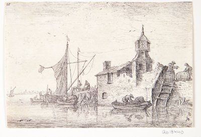 Aanlegplaats met een gebouw met een toren door Anthonie Waterloo