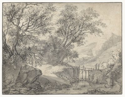 Berglandschap met bomen en een brug over een beek door Anthonie Waterloo
