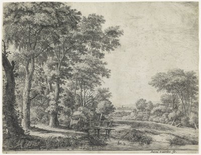 Bosrand met een houten brug door Anthonie Waterloo