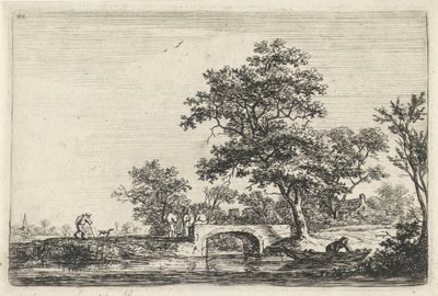 Figuren bij een stenen brug door Anthonie Waterloo